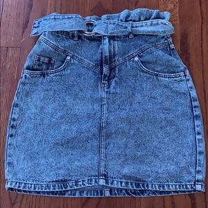 light wash jean skirt with cinched waist and tie